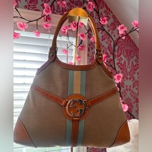 Gucci Reins GG Logo Canvas & Leather Hobo (Sky Blue & Taupe)